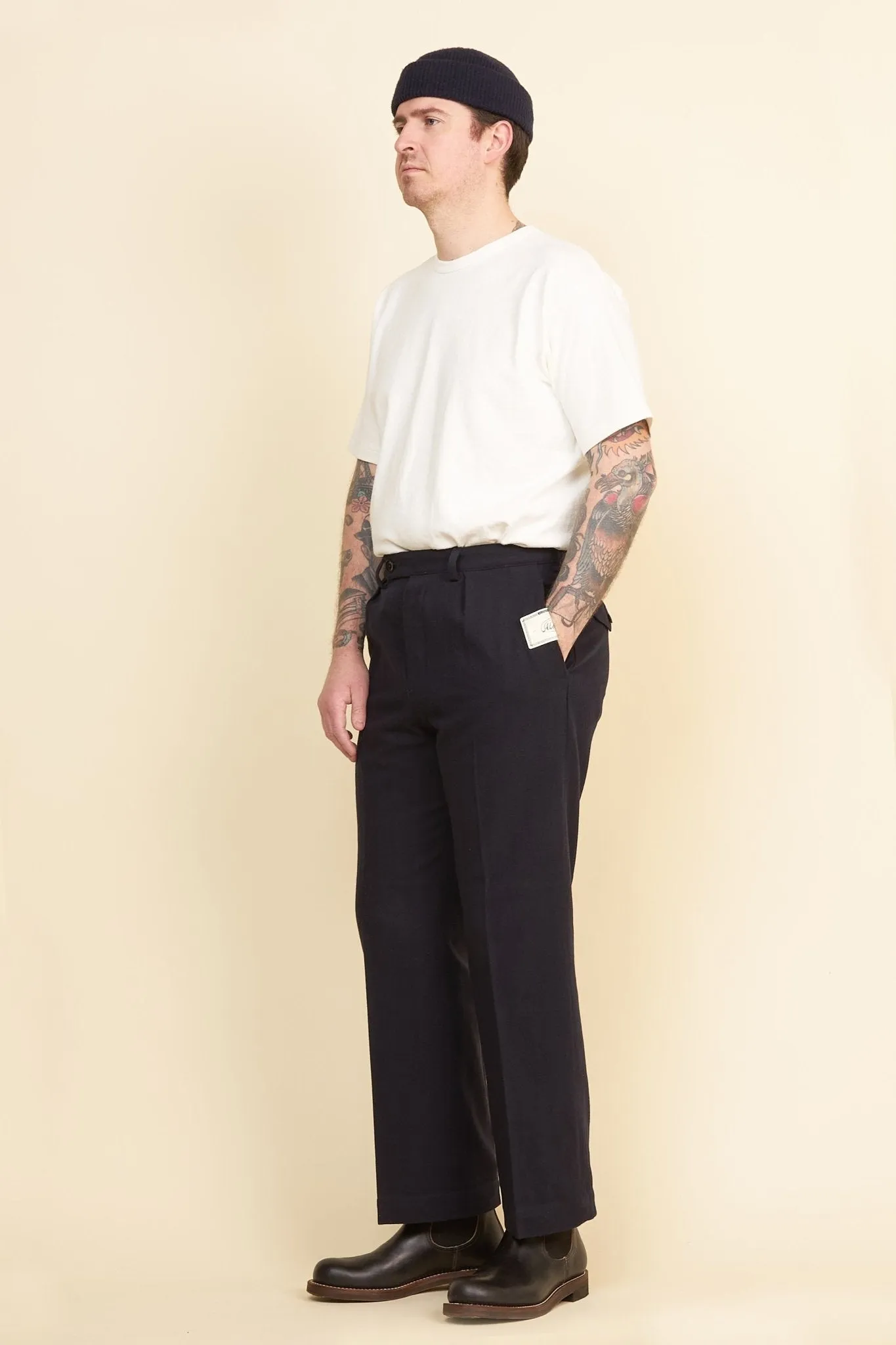 Navy Single Pleated Herringbone Army Trousers - Addiction Clothing