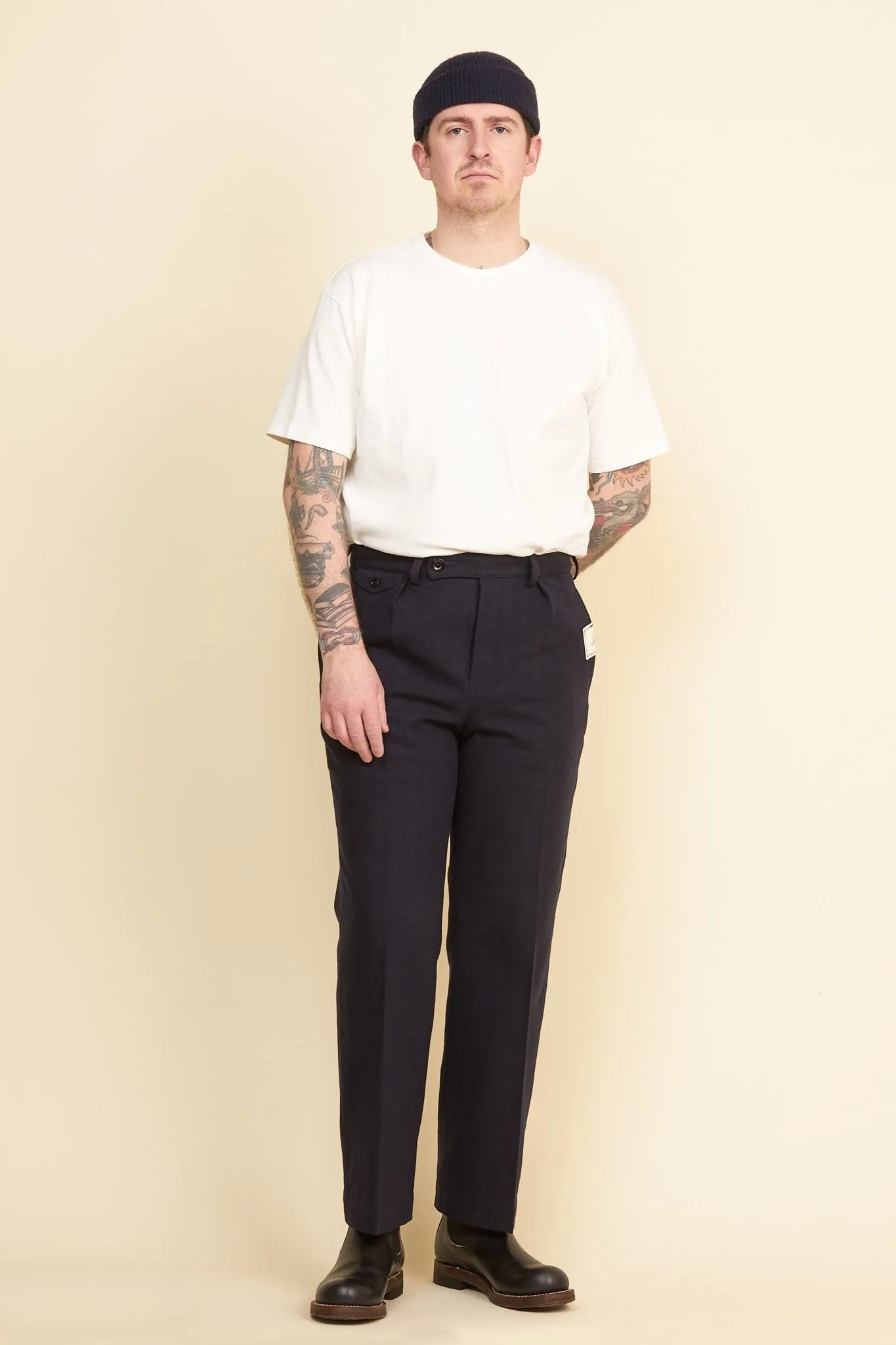 Navy Single Pleated Herringbone Army Trousers - Addiction Clothing