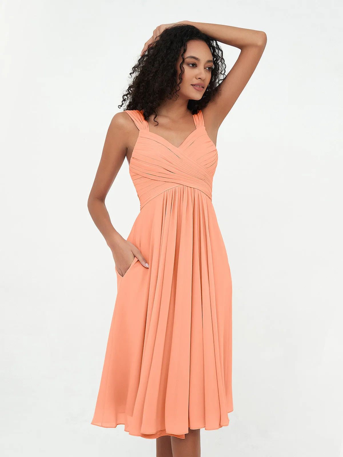 Chiffon Empire Short Dresses with Pockets-Papaya