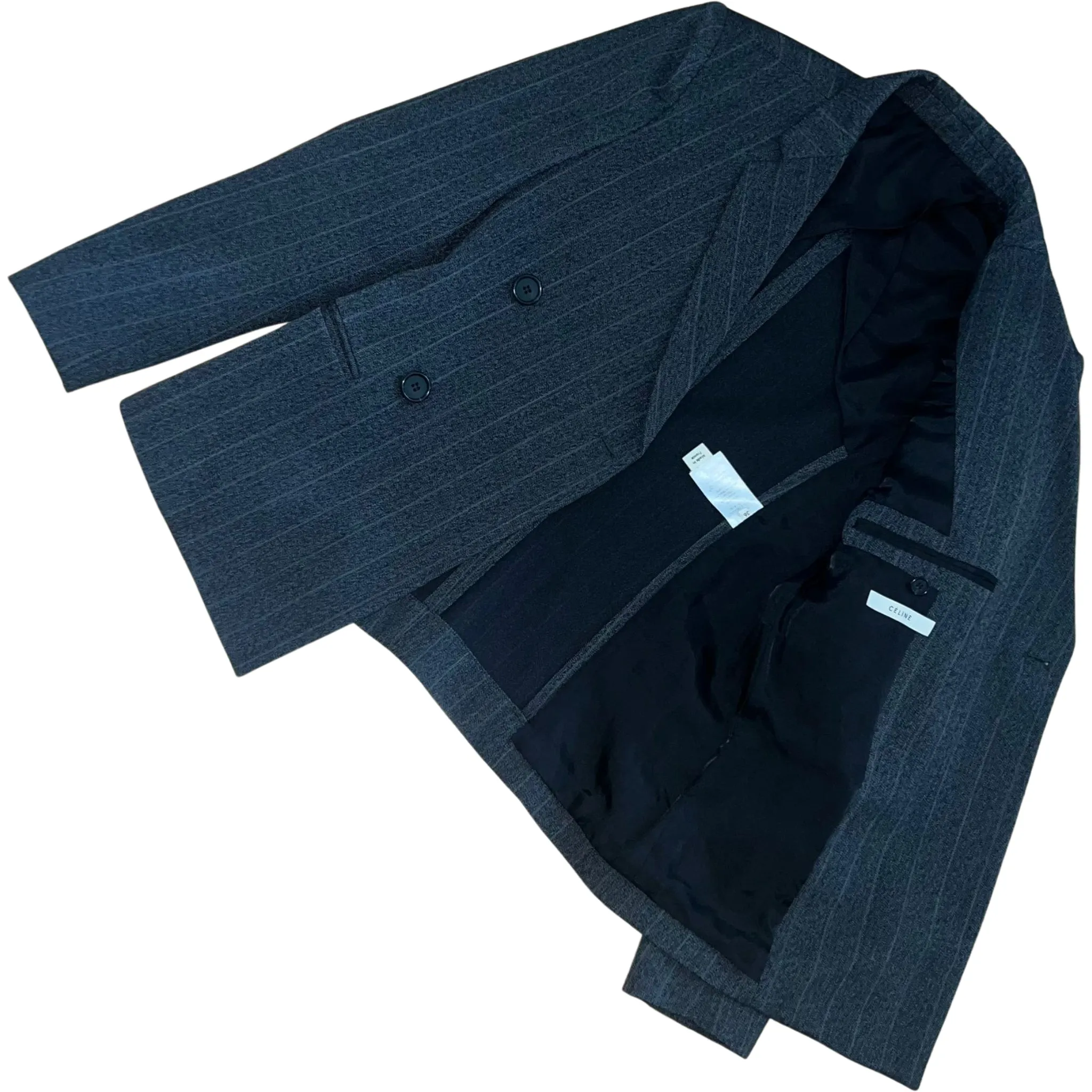 CÉLINE Gray Double Breasted Pinstriped Blazer | Size 34