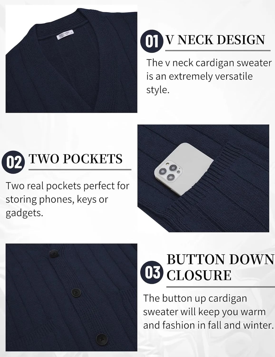 COOFANDY Men's Cardigan Sweater Cable Knit V Neck Button up Sweaters Ribbed Cardigan Sweater with Pockets