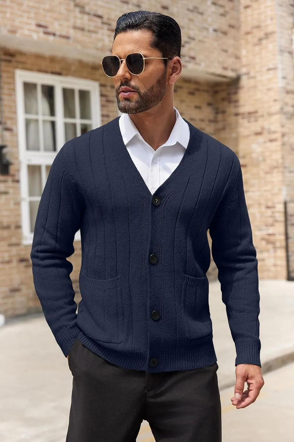 COOFANDY Men's Cardigan Sweater Cable Knit V Neck Button up Sweaters Ribbed Cardigan Sweater with Pockets