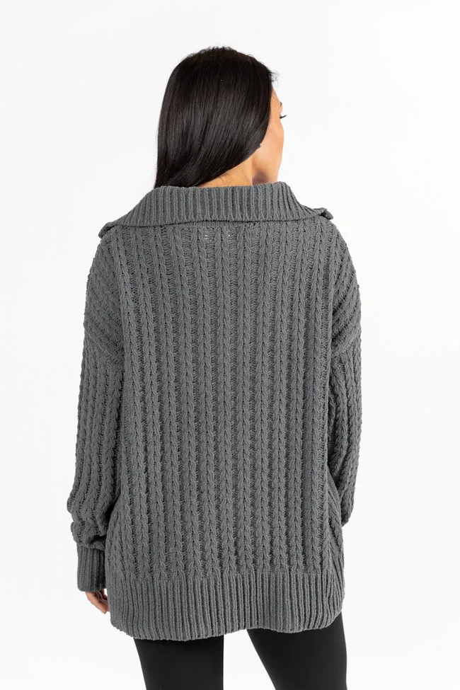 Forever Yours Charcoal Cable Knit Chenille Quarter Zip Sweater SALE