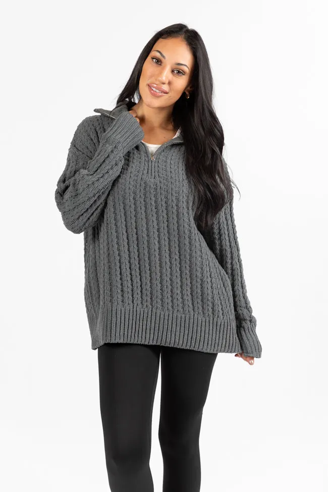 Forever Yours Charcoal Cable Knit Chenille Quarter Zip Sweater SALE