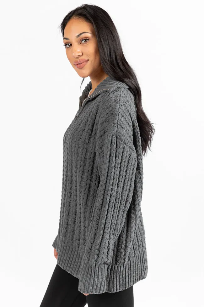 Forever Yours Charcoal Cable Knit Chenille Quarter Zip Sweater SALE
