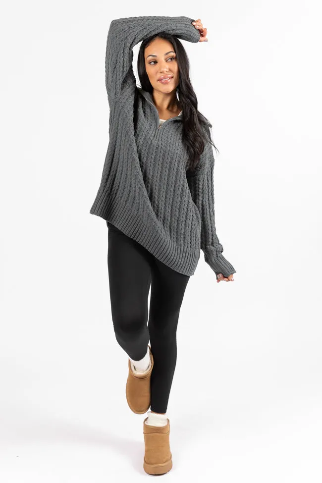 Forever Yours Charcoal Cable Knit Chenille Quarter Zip Sweater SALE