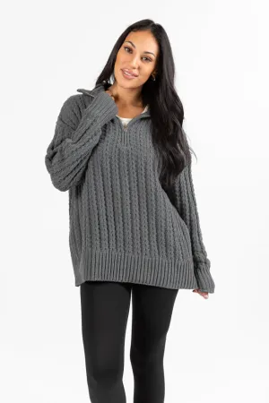 Forever Yours Charcoal Cable Knit Chenille Quarter Zip Sweater SALE