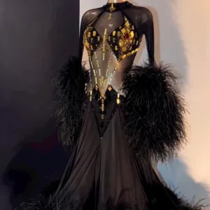 Gold Mirror Embroidery Black Ballroom Dress