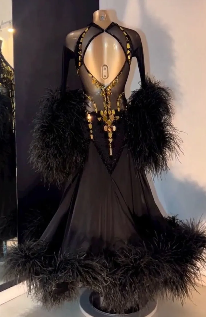 Gold Mirror Embroidery Black Ballroom Dress