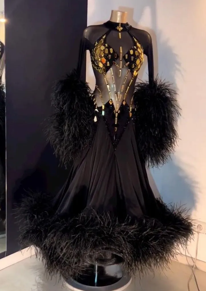 Gold Mirror Embroidery Black Ballroom Dress
