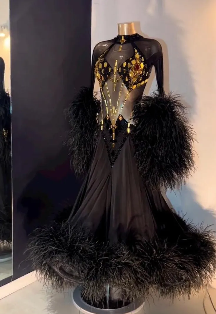 Gold Mirror Embroidery Black Ballroom Dress