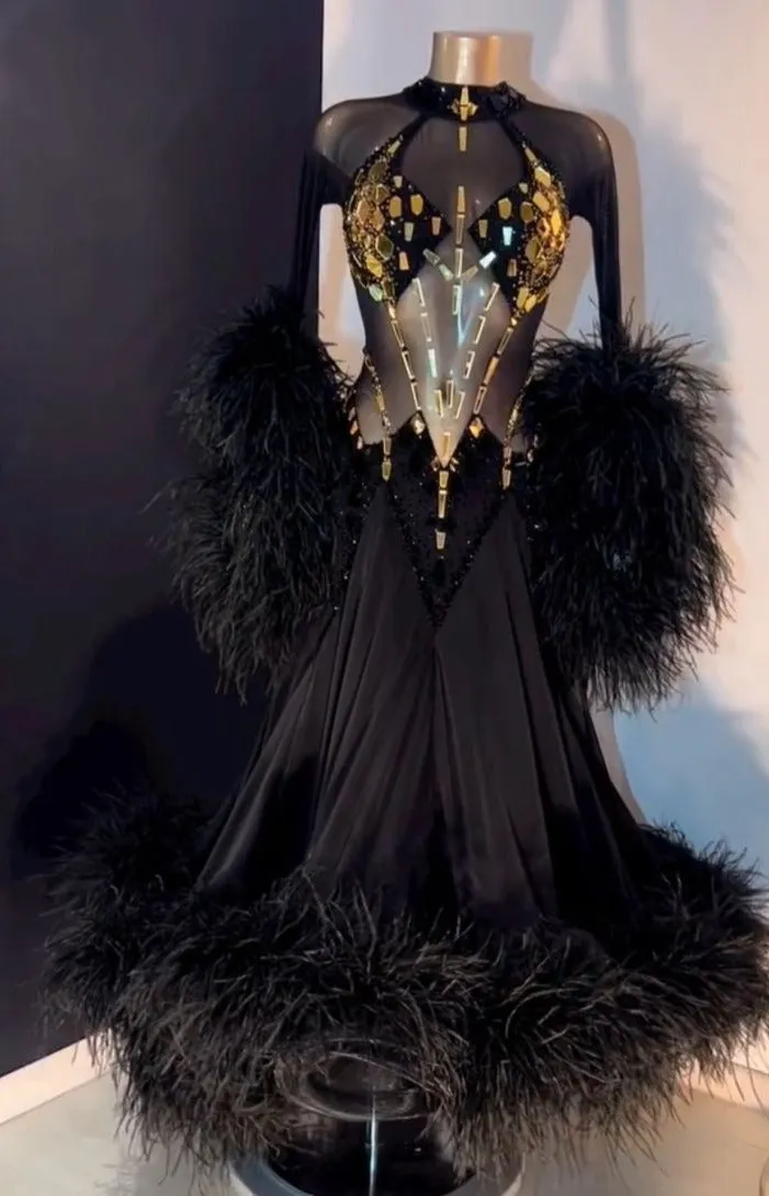 Gold Mirror Embroidery Black Ballroom Dress