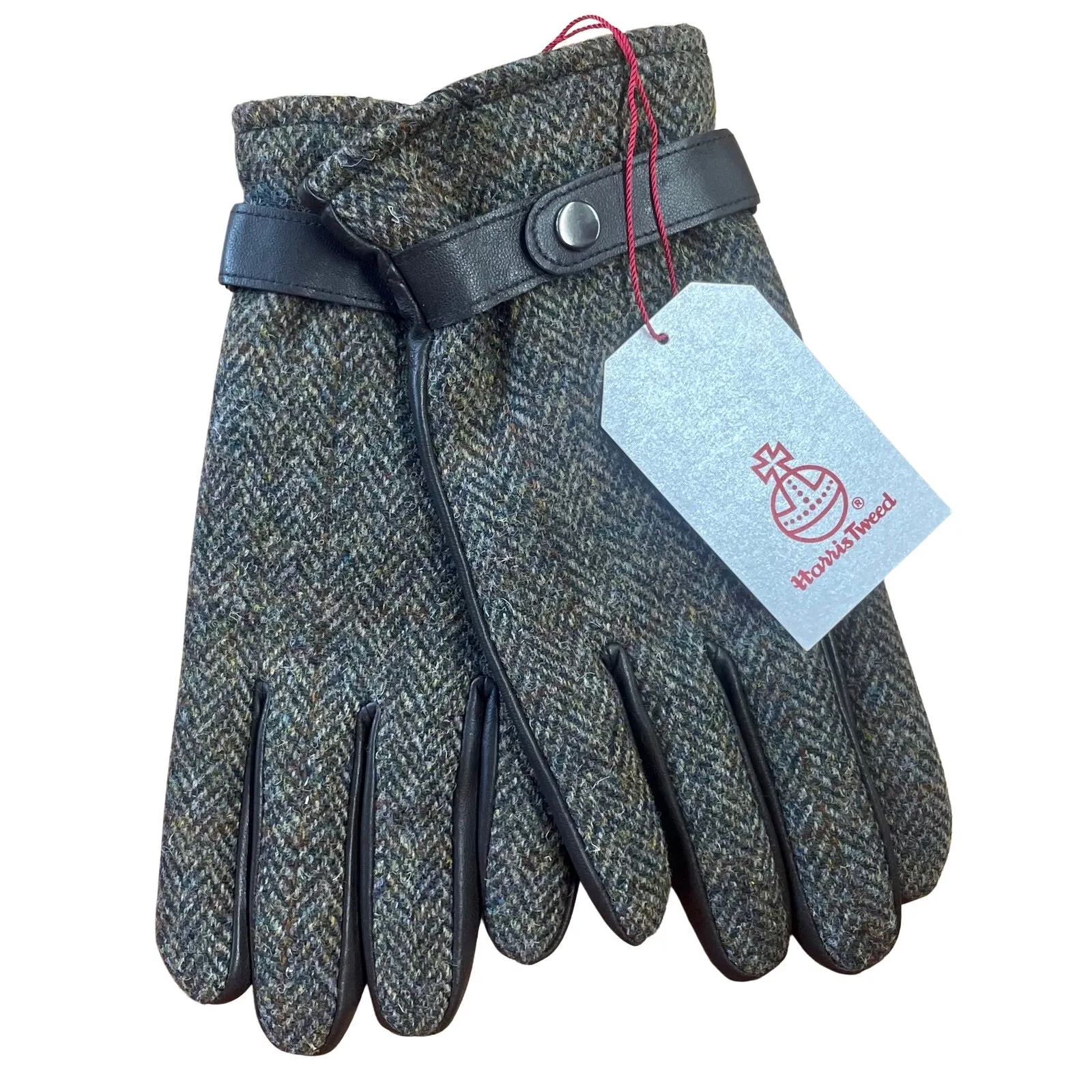 Harris Tweed and Leather Mens Gloves - Green Herringbone
