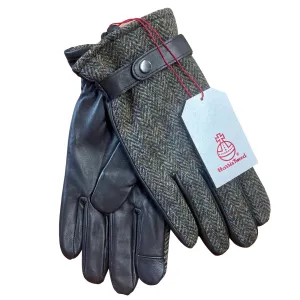 Harris Tweed and Leather Mens Gloves - Green Herringbone