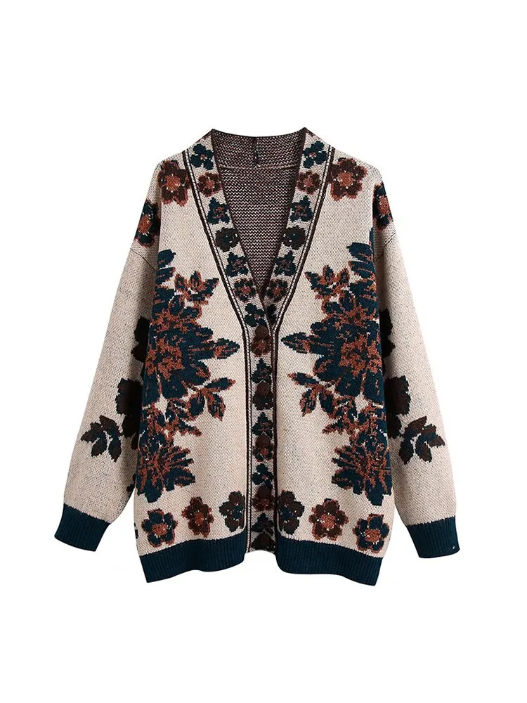 Knitting Pullovers Cardigans Printed Retro Style Loose Fit V Neck Long Sleeve Women New Fashion Autumn