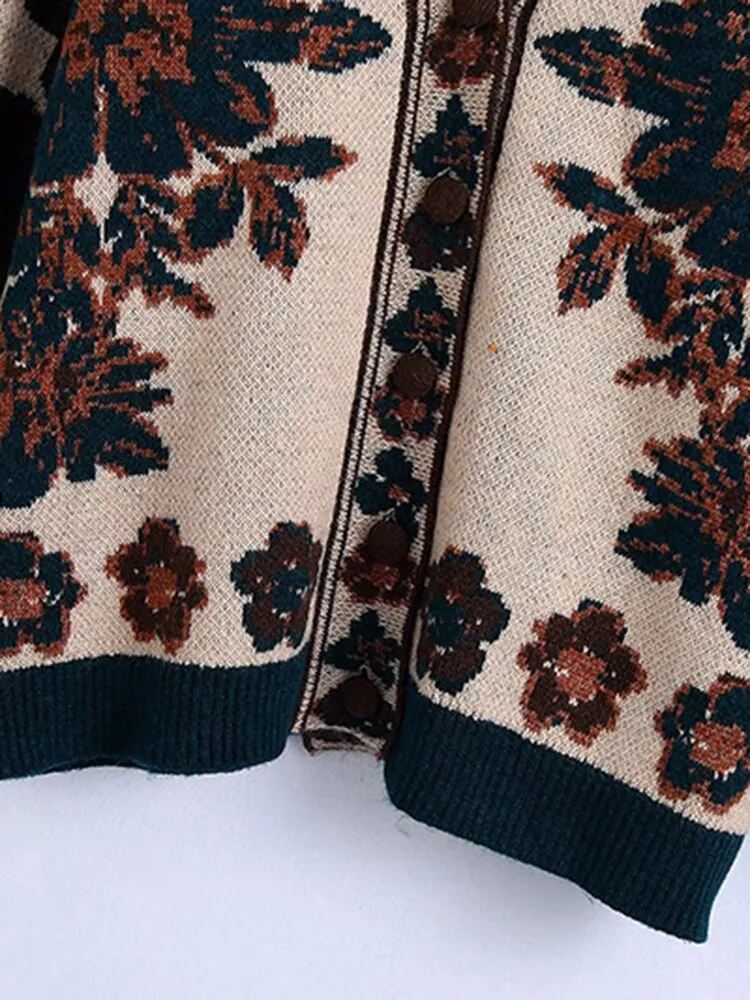 Knitting Pullovers Cardigans Printed Retro Style Loose Fit V Neck Long Sleeve Women New Fashion Autumn