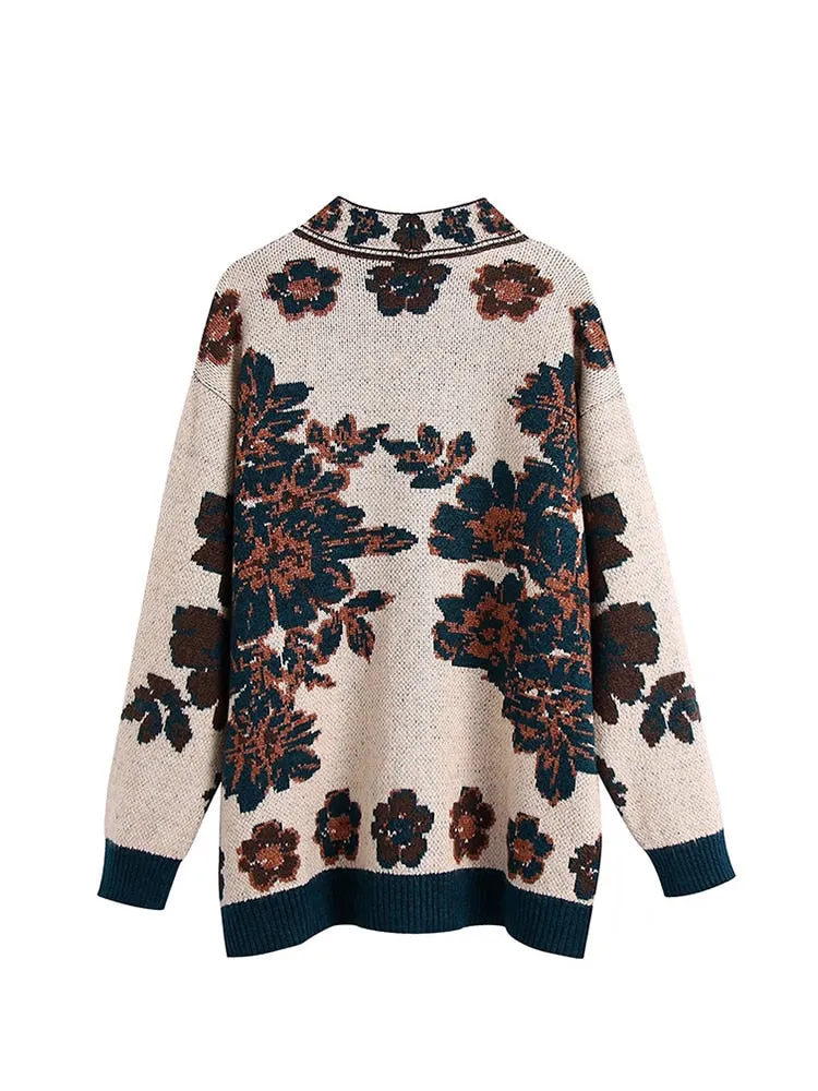 Knitting Pullovers Cardigans Printed Retro Style Loose Fit V Neck Long Sleeve Women New Fashion Autumn