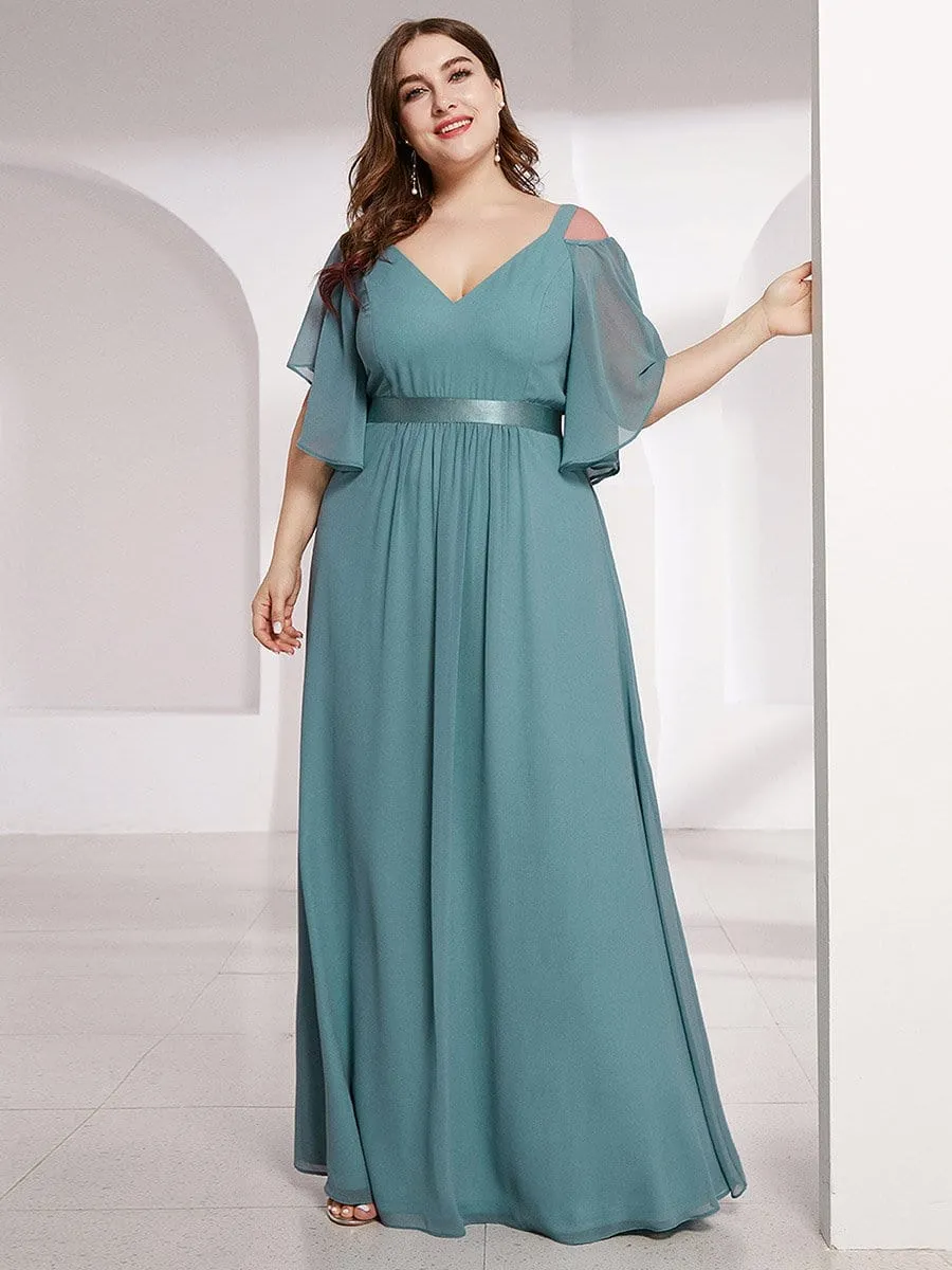 Plus Size Women's Off Shoulder Floor Length Evening Dress with Ruffle Sleeves