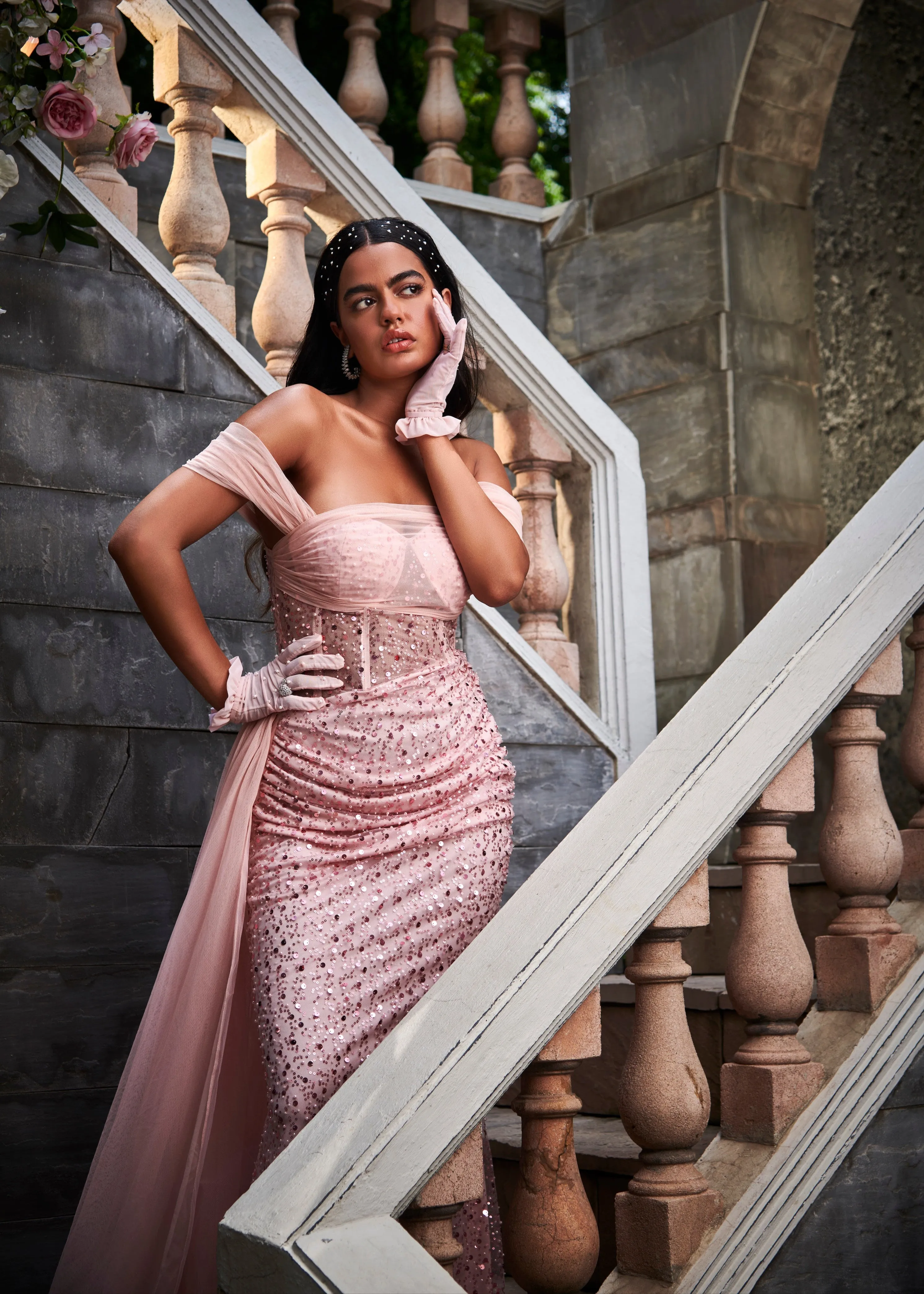 Portia Pink Embroidered Corset Gown
