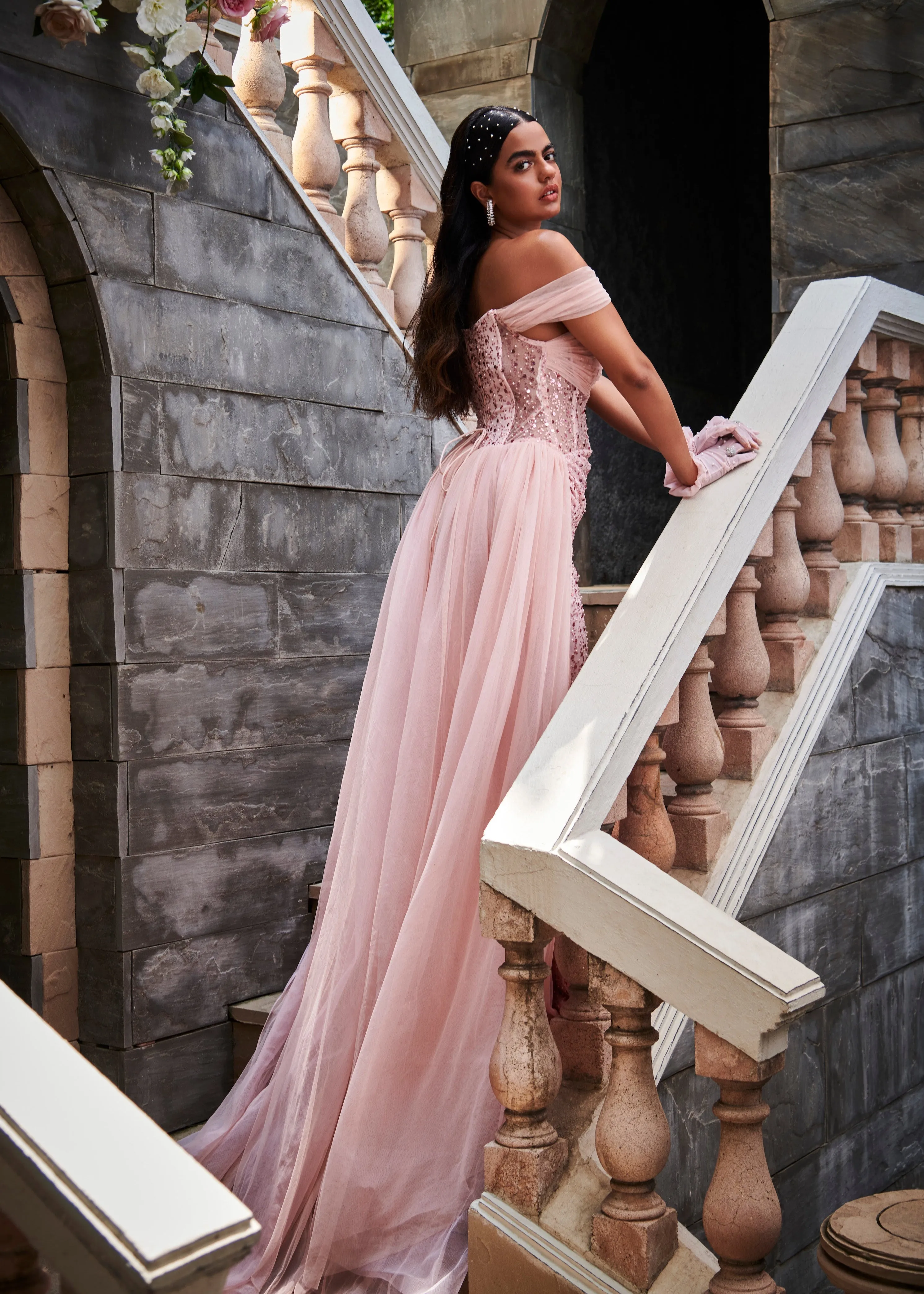 Portia Pink Embroidered Corset Gown