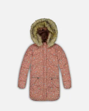 Puffy Long Coat Dusty Pink With Small Flowers