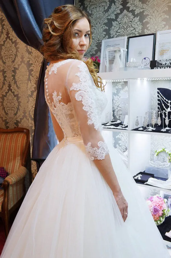 Romantic White Lace Half Sleeves Ball Gown Wedding Dresses, Bridal Gowns, SW463