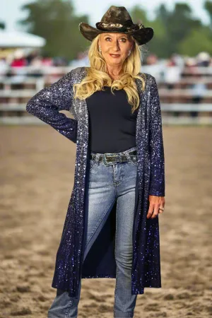 W.A.Y Wonderful And Young Sequin Ombre Duster In Navy And Silver Plus
