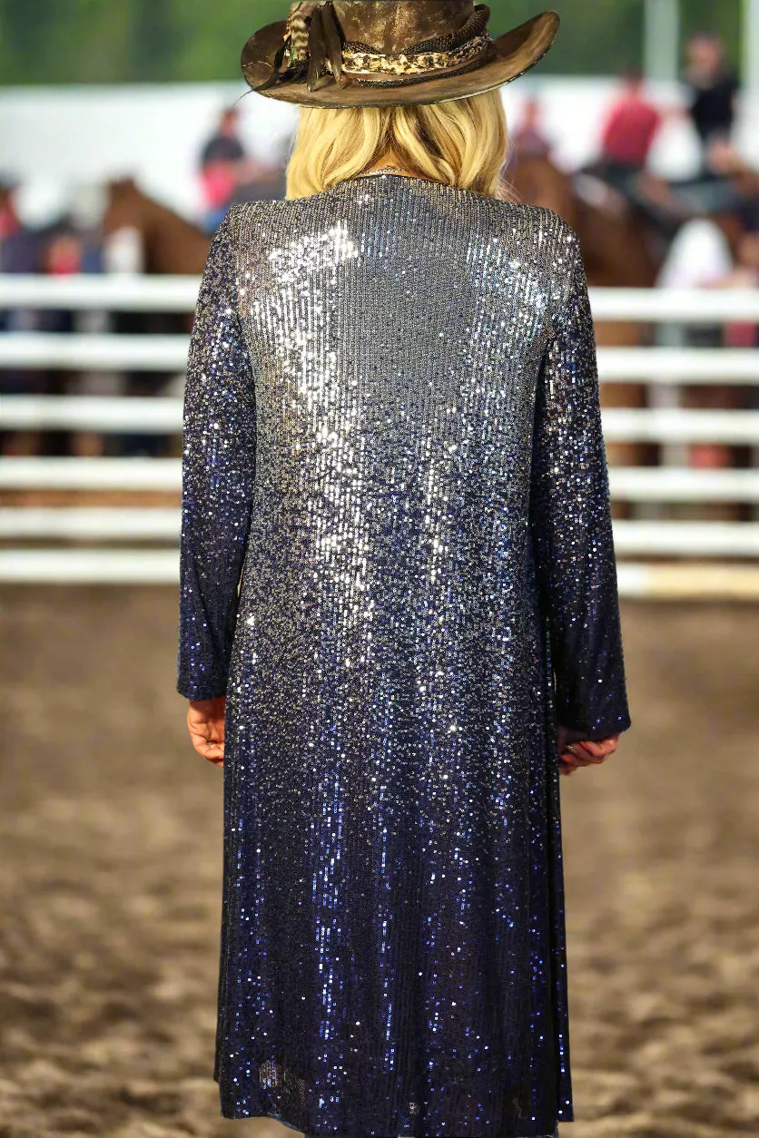 W.A.Y Wonderful And Young Sequin Ombre Duster In Navy And Silver Plus