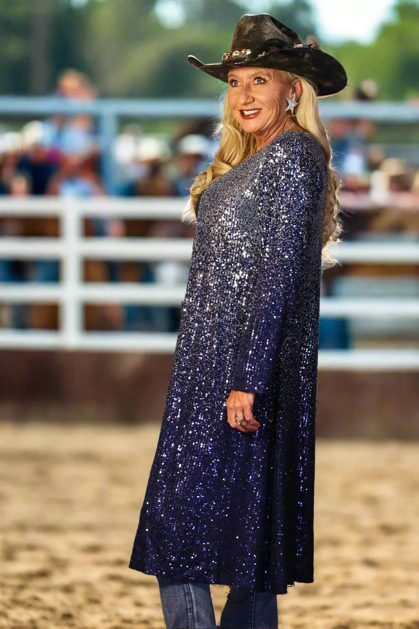 W.A.Y Wonderful And Young Sequin Ombre Duster In Navy And Silver Plus
