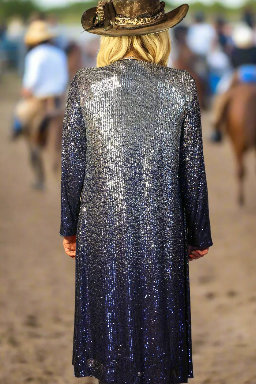 W.A.Y Wonderful And Young Sequin Ombre Duster In Navy And Silver