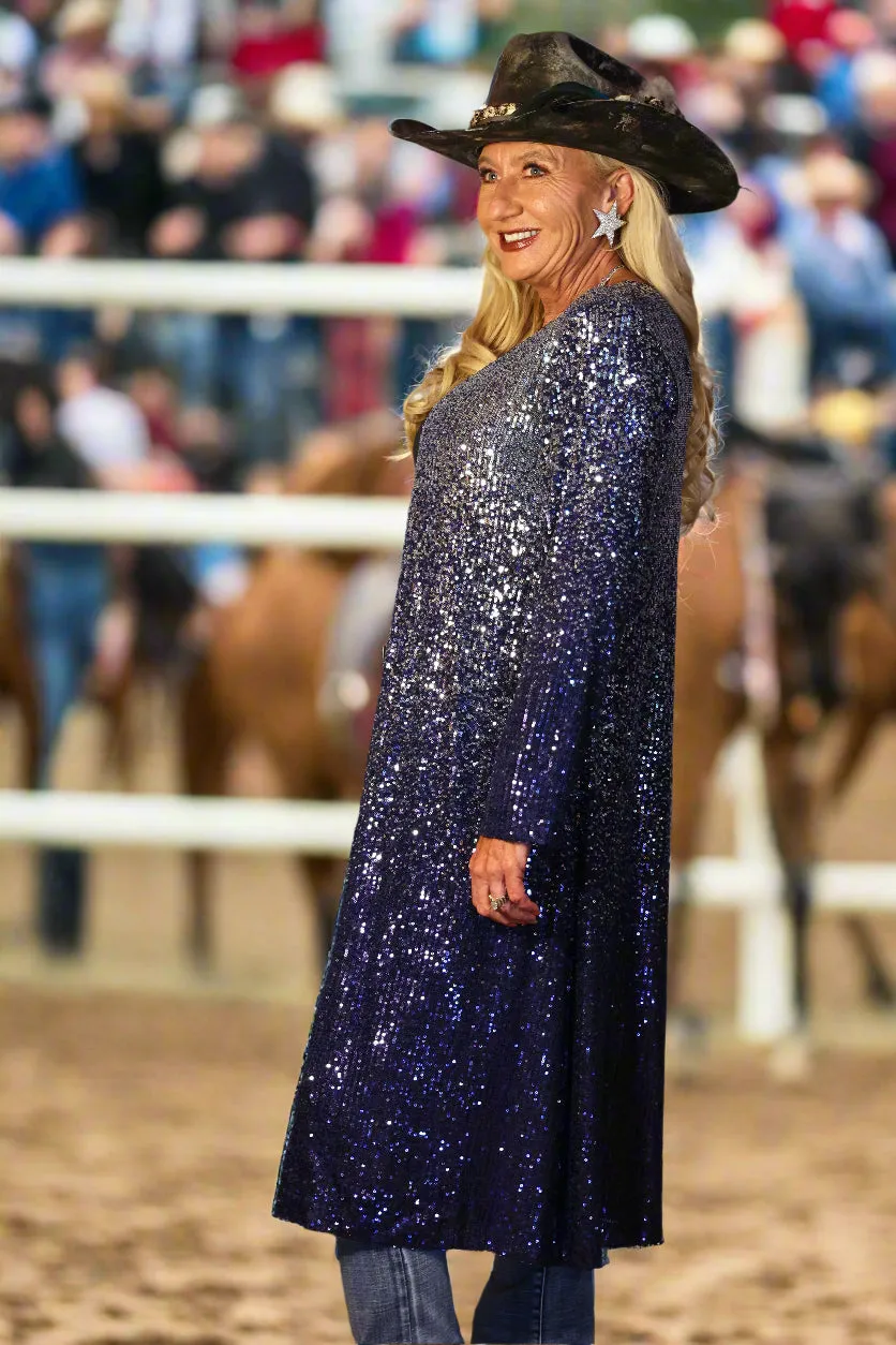 W.A.Y Wonderful And Young Sequin Ombre Duster In Navy And Silver