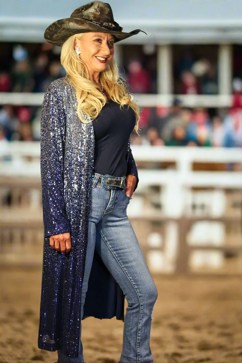 W.A.Y Wonderful And Young Sequin Ombre Duster In Navy And Silver