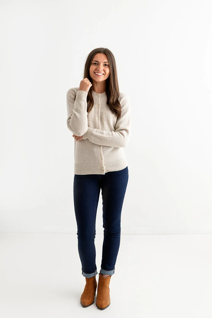 Womens Geelong Superfine Lambswool Gansey Cardigan - Linen