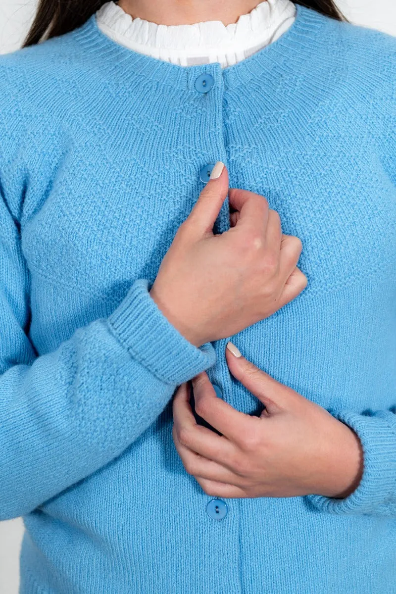 Womens Geelong Superfine Lambswool Gansey Cardigan - Sky Blue