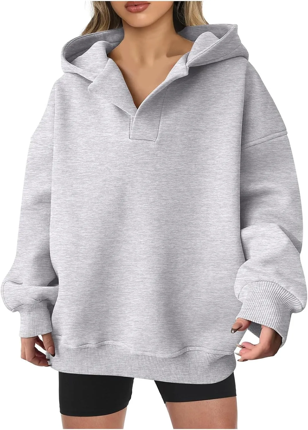 Womens Oversized Hoodies V Neck Sweatshirts Casual Oversized Long Sleeve Fleece Tops Comfy Preppy Hooded Pullovers