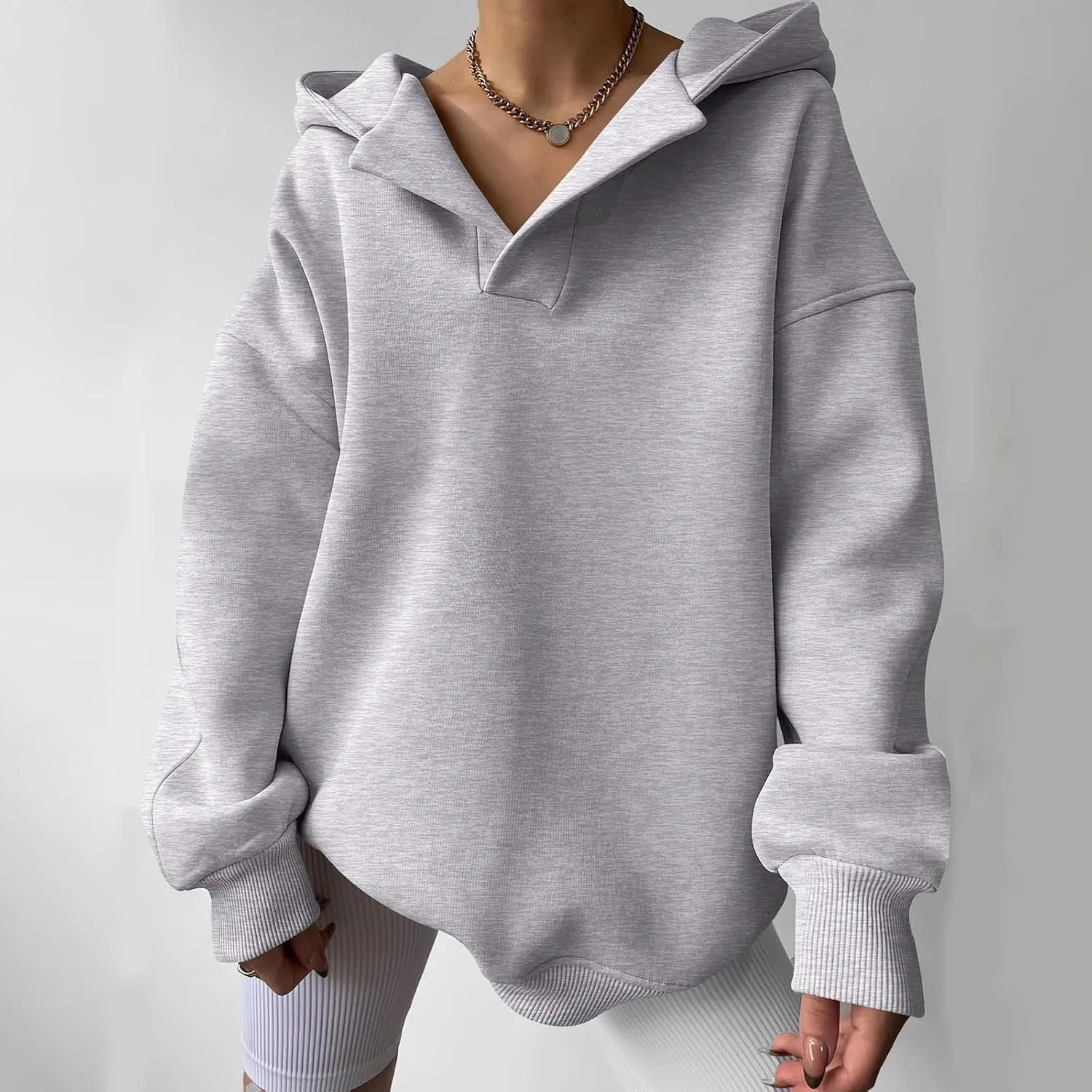 Womens Oversized Hoodies V Neck Sweatshirts Casual Oversized Long Sleeve Fleece Tops Comfy Preppy Hooded Pullovers