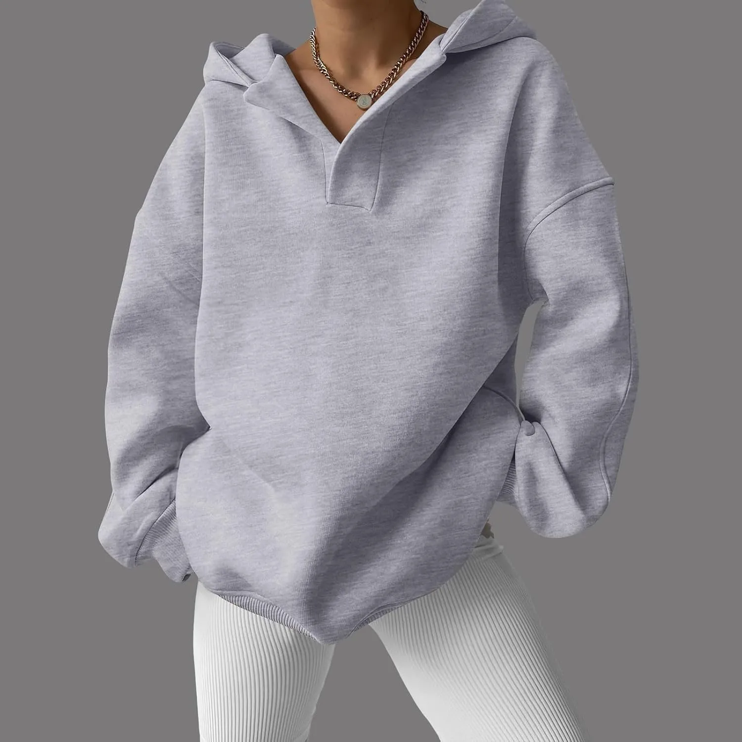 Womens Oversized Hoodies V Neck Sweatshirts Casual Oversized Long Sleeve Fleece Tops Comfy Preppy Hooded Pullovers