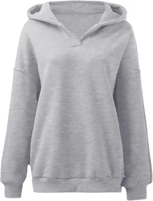 Womens Oversized Hoodies V Neck Sweatshirts Casual Oversized Long Sleeve Fleece Tops Comfy Preppy Hooded Pullovers